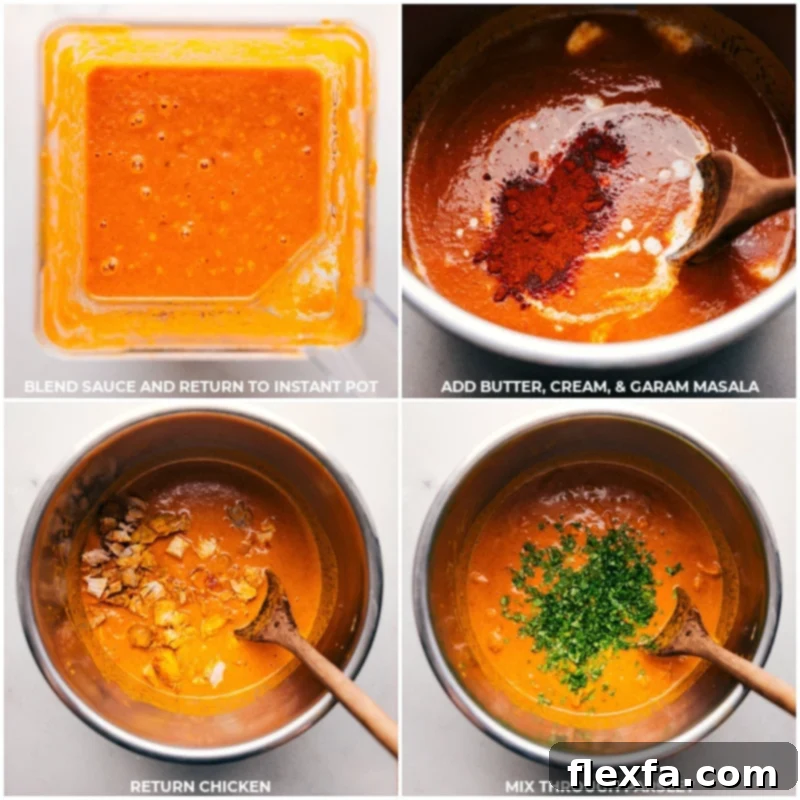 Blended sauce returned to butter chicken instant pot, enriched with butter, cream, diced chicken, and additional spices.