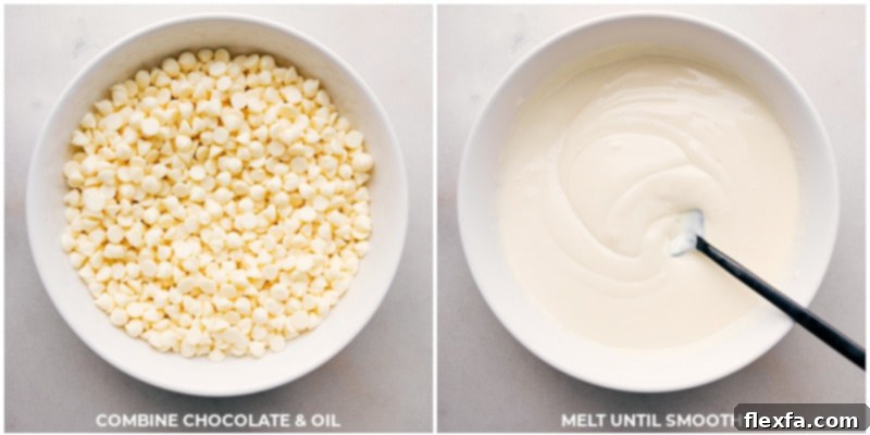 Process shots: combine white chocolate chips and vegetable oil in a microwave-safe bowl, then melt until smooth and creamy.