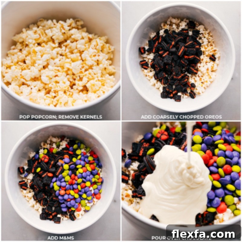 Process shots: Pop popcorn and remove unpopped kernels; add chopped Halloween Oreos and M&M's; pour melted white chocolate over the mixture in a large bowl.