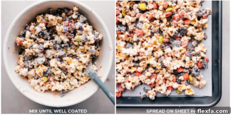 Process shots: Mix all ingredients together well in a large bowl, then spread the Halloween Popcorn mixture onto a prepared sheet pan in an even layer.