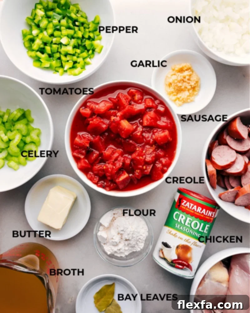A flat lay image showcasing all the fresh and canned ingredients required for the Instant Pot Chicken, Sausage, and Rice recipe, including chicken, sausage, vegetables, and seasonings.
