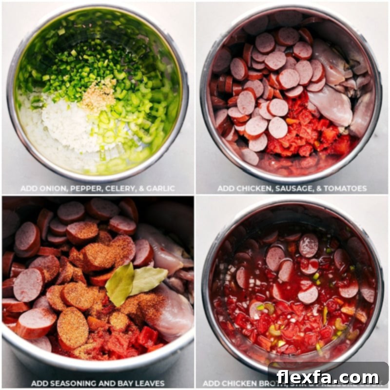 A series of process shots showing ingredients like onion, pepper, celery, chicken, sausage, fire-roasted tomatoes, seasonings, and chicken broth being added sequentially to an Instant Pot.