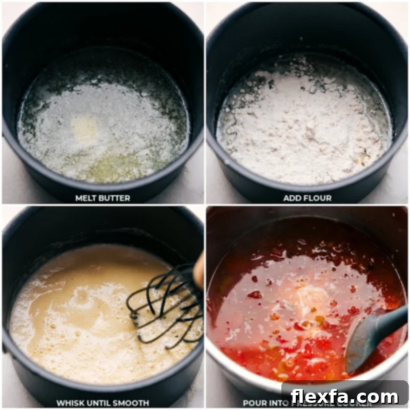 A process shot illustrating the creation of a creamy roux in a small pot on the stovetop, which will then be added to the Instant Pot mixture.