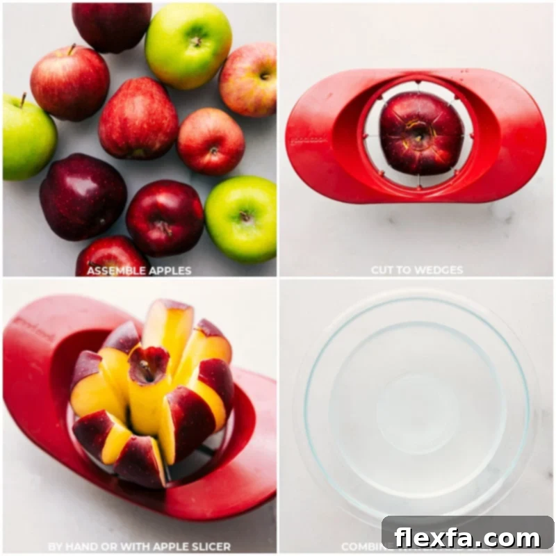 Step-by-step images showing crisp apples being sliced and prepared for a caramel apple bar.