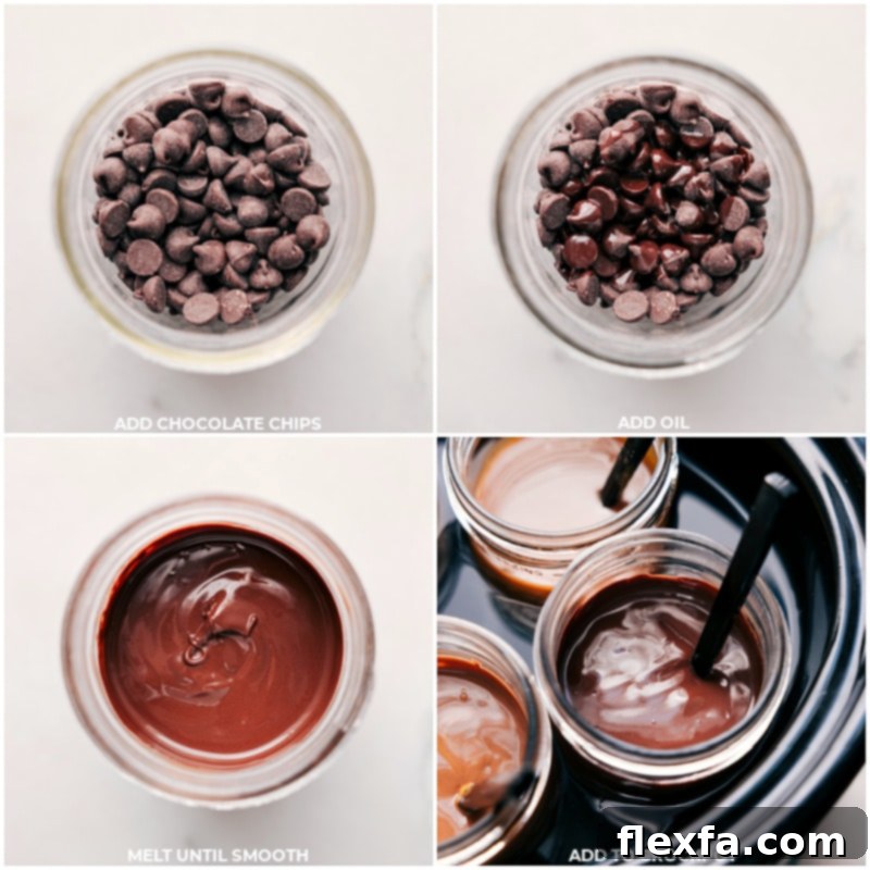 Process photos showing various dipping sauces, like caramel and chocolate, being melted and transferred to jars for the warm Crock-Pot display of a Caramel Apple Bar.