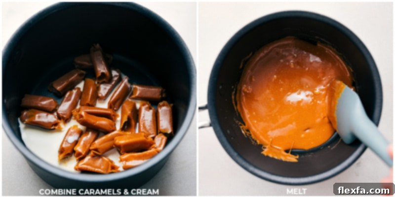 Process shots showing caramels and heavy cream melting together in a pot until smooth.