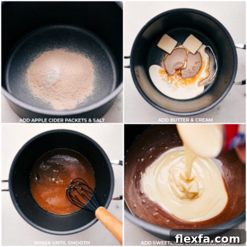 Process shots showing the combination of apple cider packets, salt, butter, cream, and sweetened condensed milk being whisked until smooth.