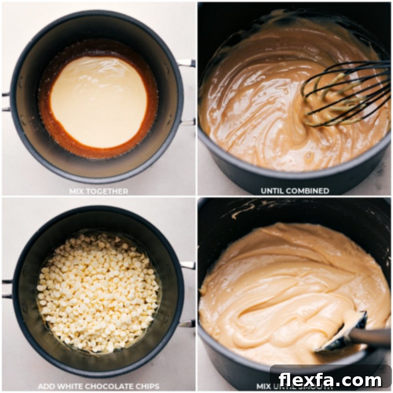 Process shots: mixing all fudge ingredients until well combined, then adding white chocolate and stirring until smooth.