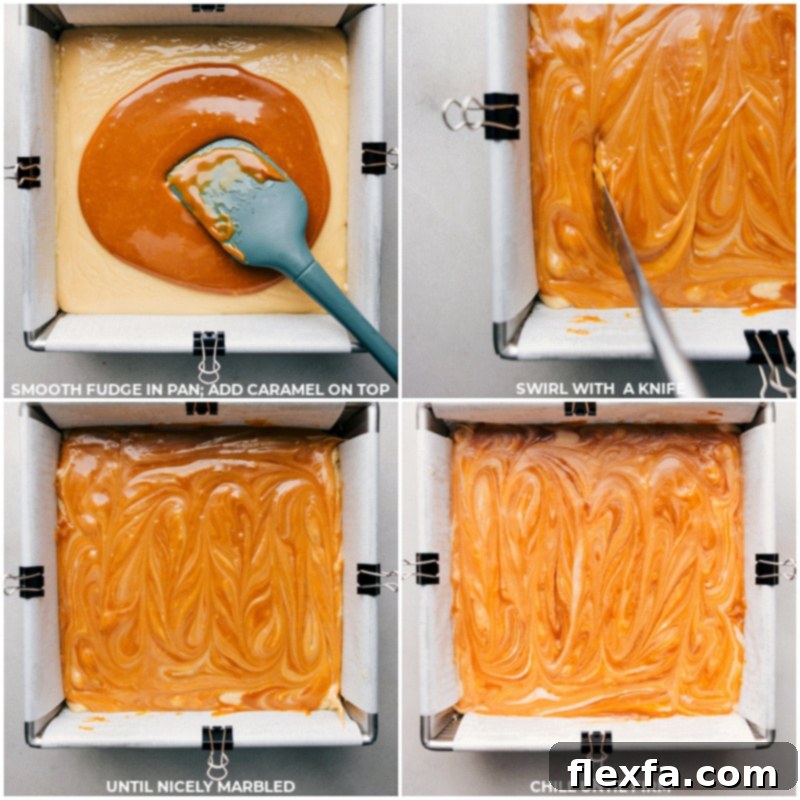 Process shots demonstrating how to smooth the fudge in the pan, add caramel on top, swirl it with a knife for marbling, and then chill until firm.