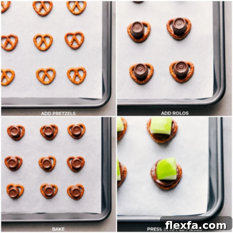 The step-by-step process of assembling Caramel Apple Bites: pretzels are laid on a sheet pan, Rolos are placed on top, baked until melted, then finished with a fresh apple slice pressed into the warm caramel.