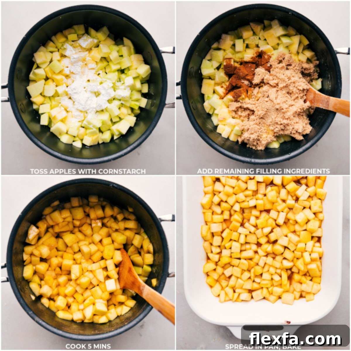 Tossing apples with cornstarch and adding filling ingredients for baking in a 9x13 pan for this apple cobbler recipe.