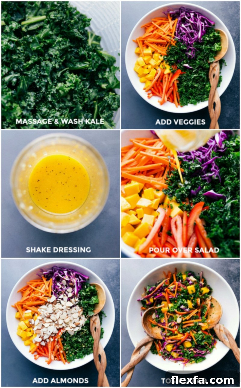 The step-by-step process of preparing a kale salad: fresh greens being rinsed and gently massaged, followed by the addition of colorful vegetables, homemade dressing, and a sprinkle of almonds before the final toss.