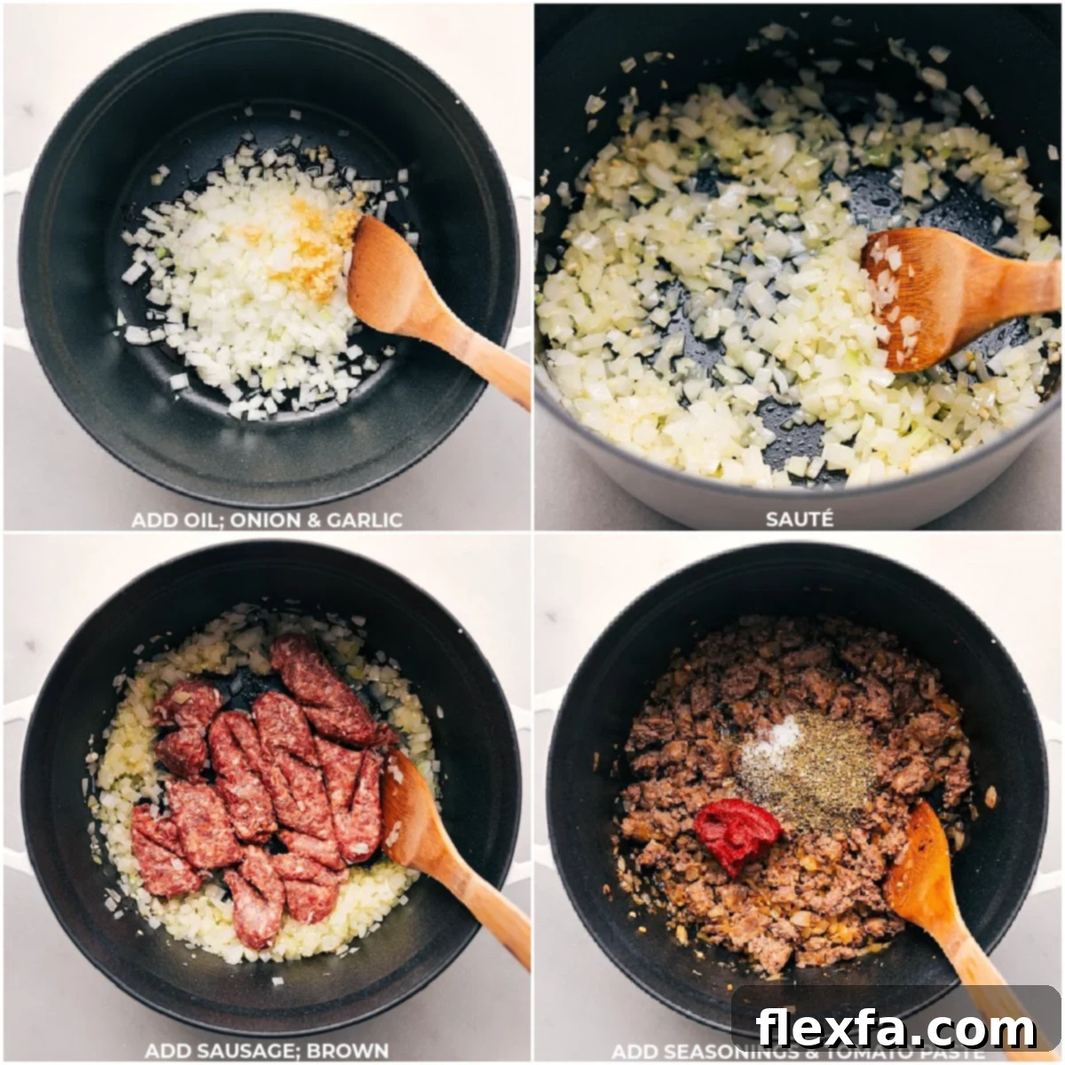 Step-by-step images showing onion and garlic sautéing until fragrant, Italian sausage browning in the pot, and then seasonings and tomato paste being stirred in, creating a rich base for the one-pot penne pasta.