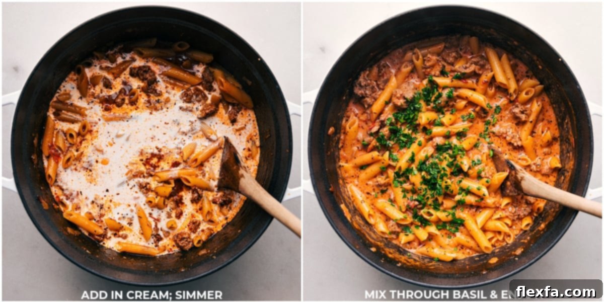 The final step of making creamy Italian sausage penne pasta, illustrating heavy cream being poured into the simmering sauce, followed by a close-up of the finished dish beautifully garnished with fresh basil leaves.