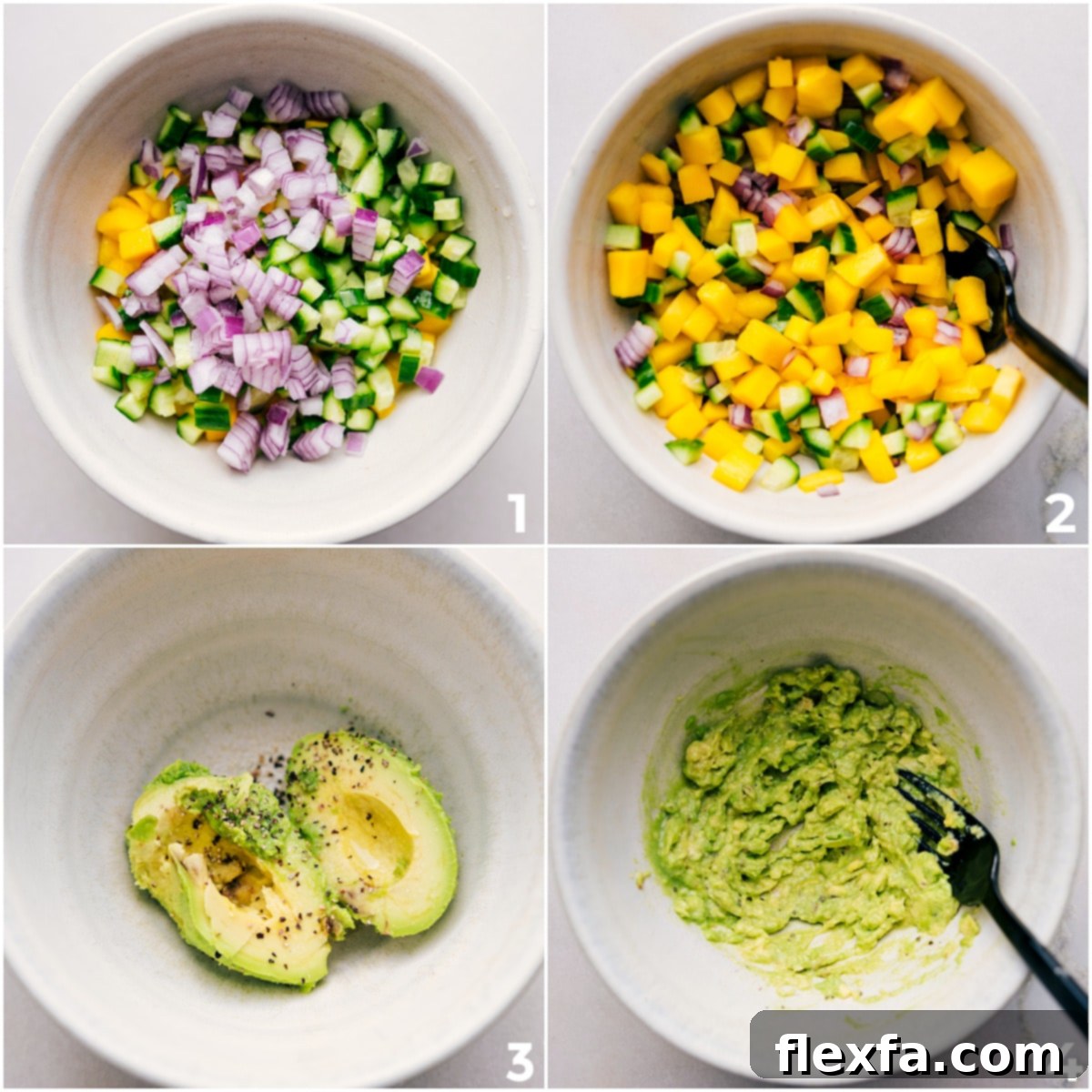 The mango salsa is mixed, and the avocado mixture is smashed. 