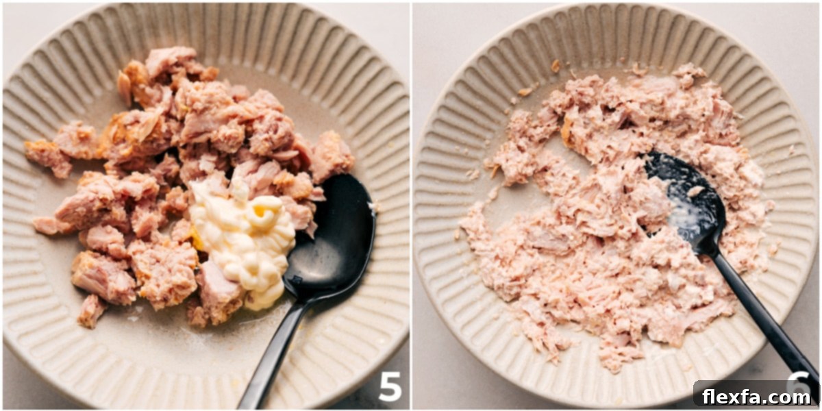 The tuna is mixed with mayo and Dijon for these tuna stacks.