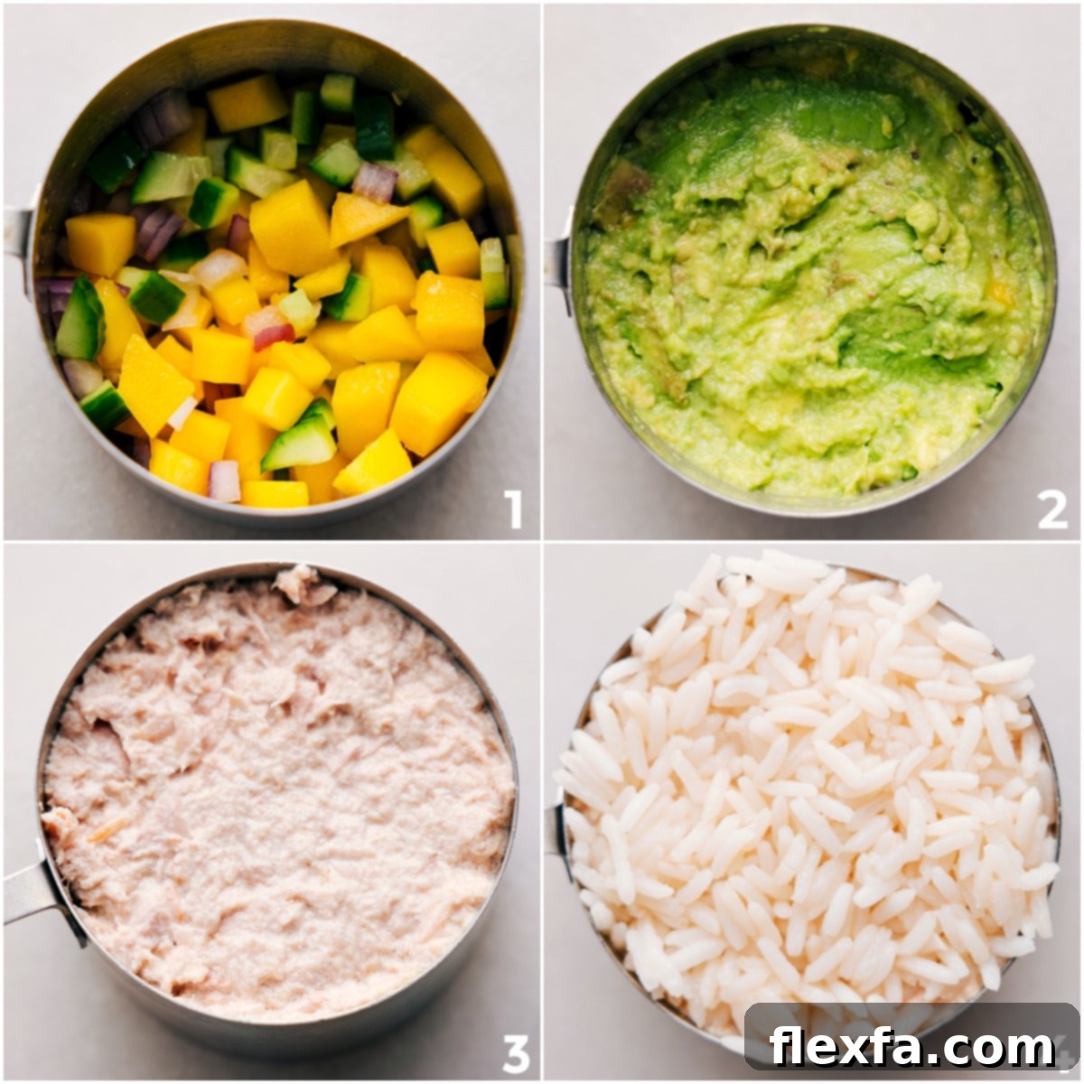 Assembling the recipe by layering the mango mix, avocado, meat, and rice in a 1-cup measuring cup. 