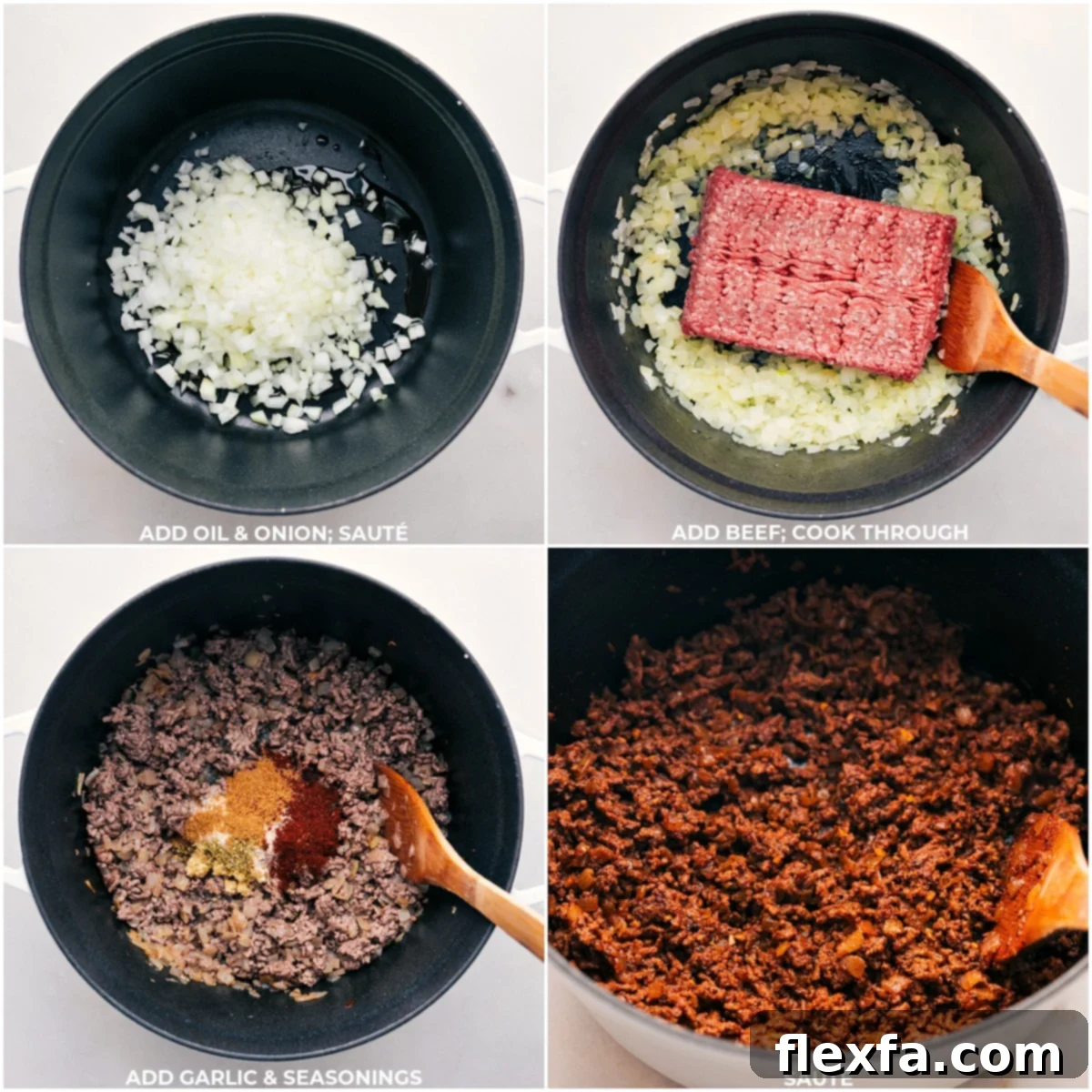 A large pot on the stove, showing onions sautéing, followed by ground beef being browned and seasoned with garlic and various spices, illustrating the initial steps of Taco Soup preparation.