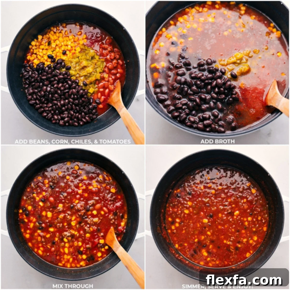 A close-up view of a large pot filled with various ingredients for Taco Soup, including colorful beans, corn, diced chiles, and broth, being stirred together to create a harmonious blend of flavors.