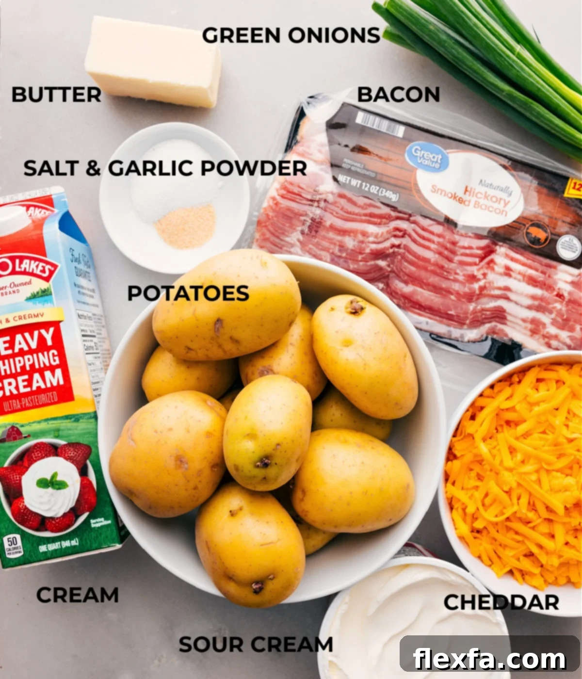 A composition of fresh ingredients for this Twice-Baked Potato Casserole recipe.