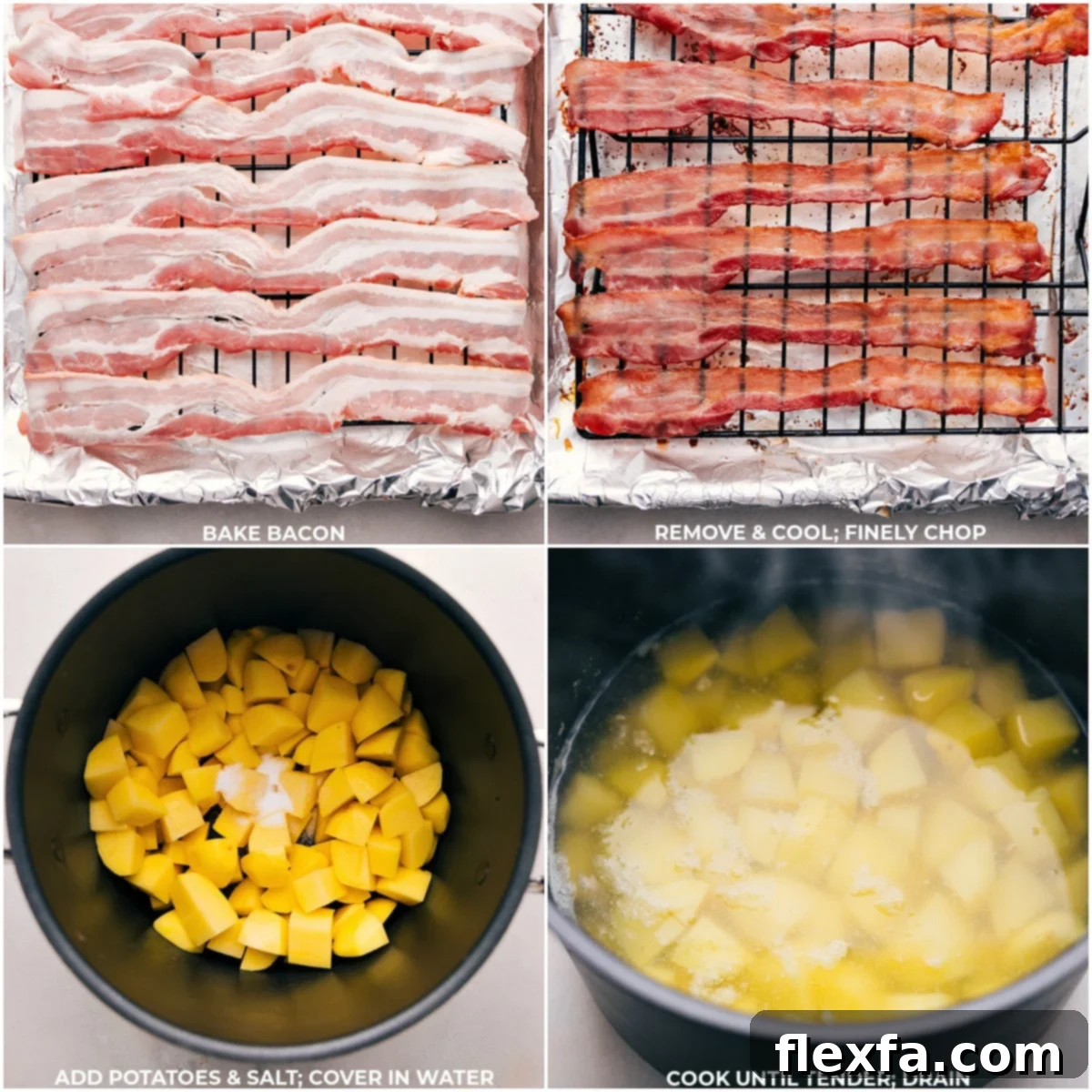 Sizzling bacon strips in a hot skillet and potatoes simmering in a pan, essential steps for Twice-Baked Potato Casserole.