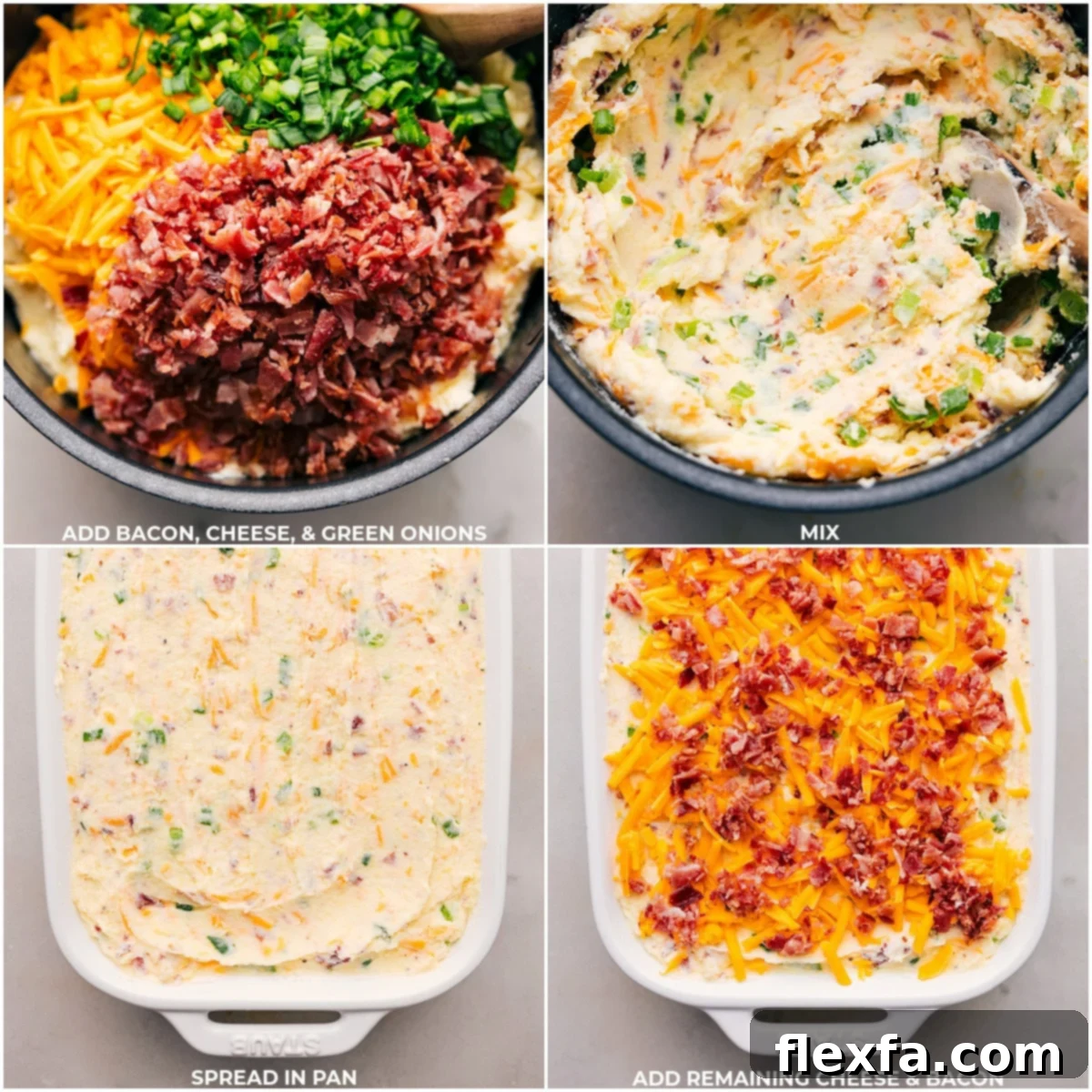 Mixing potatoes with bacon, cheese, and green onions before spreading in casserole dish for Twice-Baked Potato Casserole.