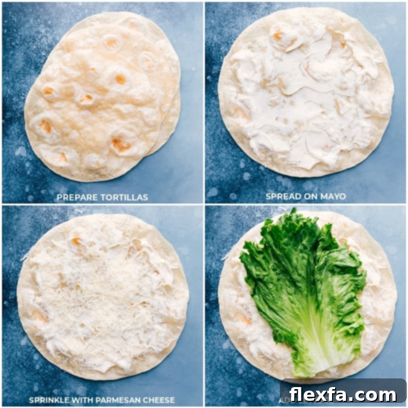 Step-by-step images showing mayo, lettuce, and Parmesan cheese being added to a tortilla for Italian Wraps.