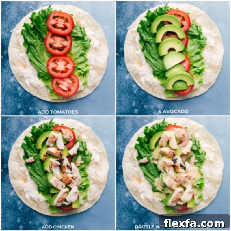 The delicious layers of tomatoes, avocado, chicken, and dressing inside the Italian wraps.