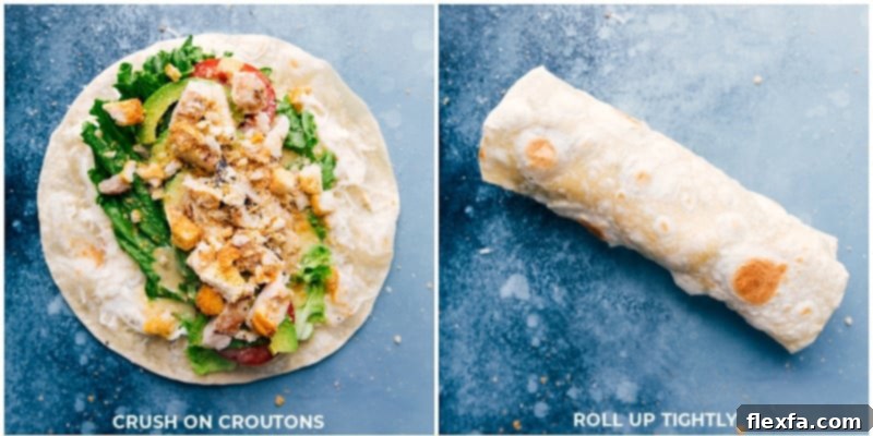 Croutons being crushed on top and rolled up tightly for these Italian Wraps.