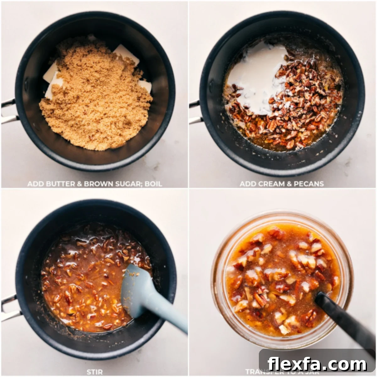 A step-by-step image showing butter and brown sugar simmering in a saucepan, followed by the addition of cream and chopped pecans, stirred to create a rich, warm pecan pie sauce for a dessert bar.