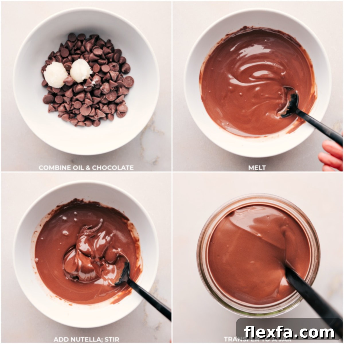 Close-up shot of chocolate chips slowly melting in a bowl, transforming into a smooth, glossy liquid, ideal for a dessert topping in a pie bar.