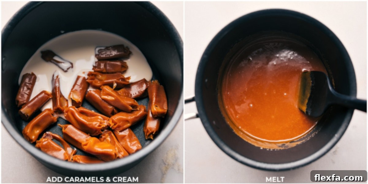 Close-up of caramel melting with cream in a saucepan, stirring to create a luscious, smooth caramel topping perfect for a DIY Dessert Pie Bar.