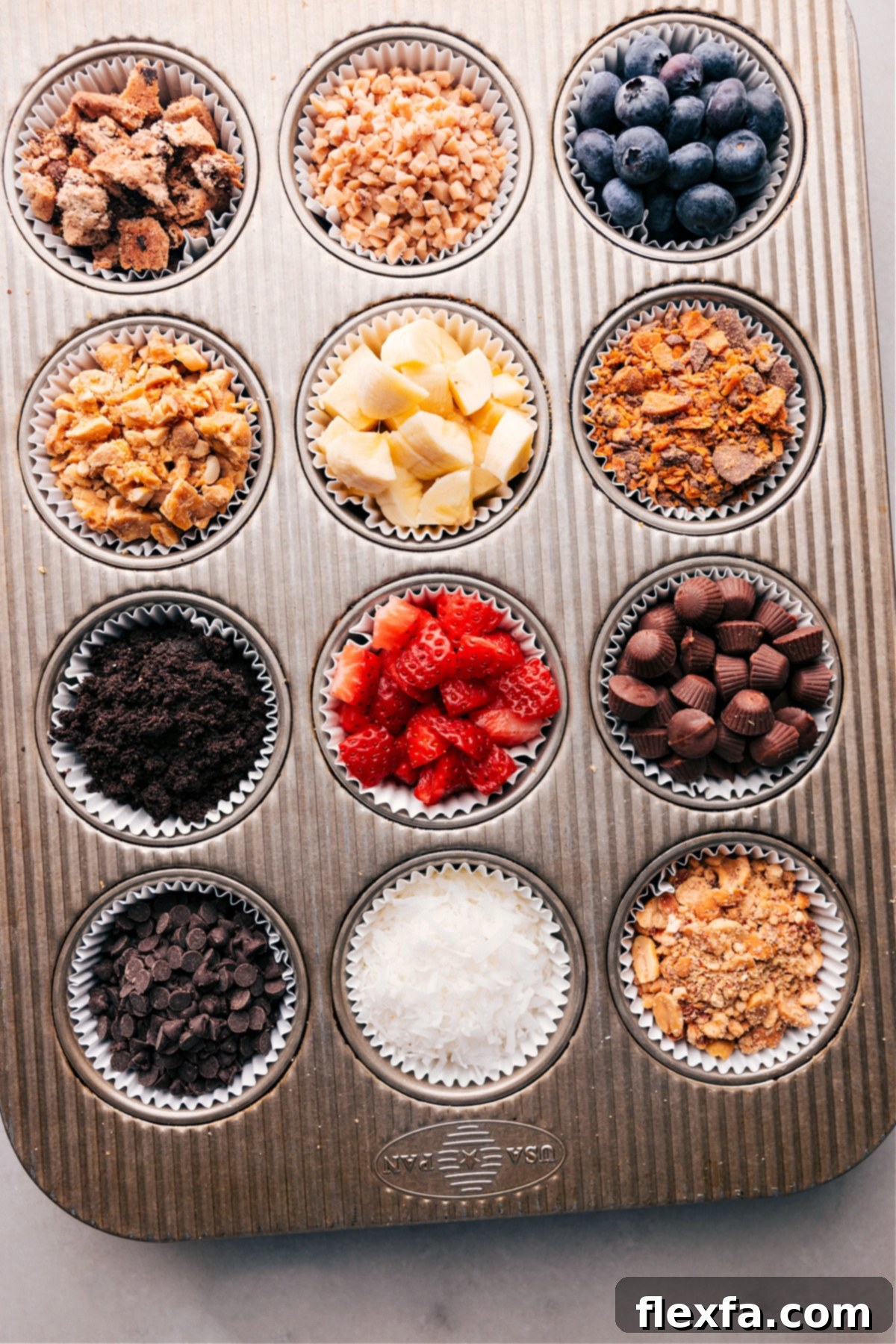 A vibrant selection of various toppings, including fresh fruits, nuts, candies, and cookie crumbles, ready for guests to customize their dessert at a DIY Pie Bar.