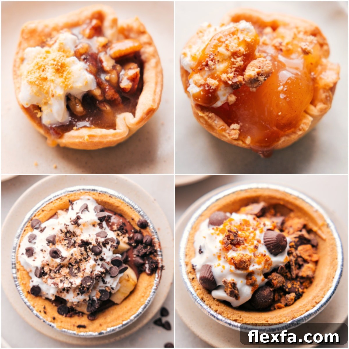 Four distinct mini pies created from a Dessert Pie Bar, showcasing various crusts, sauces, and toppings, inviting customization and enjoyment.