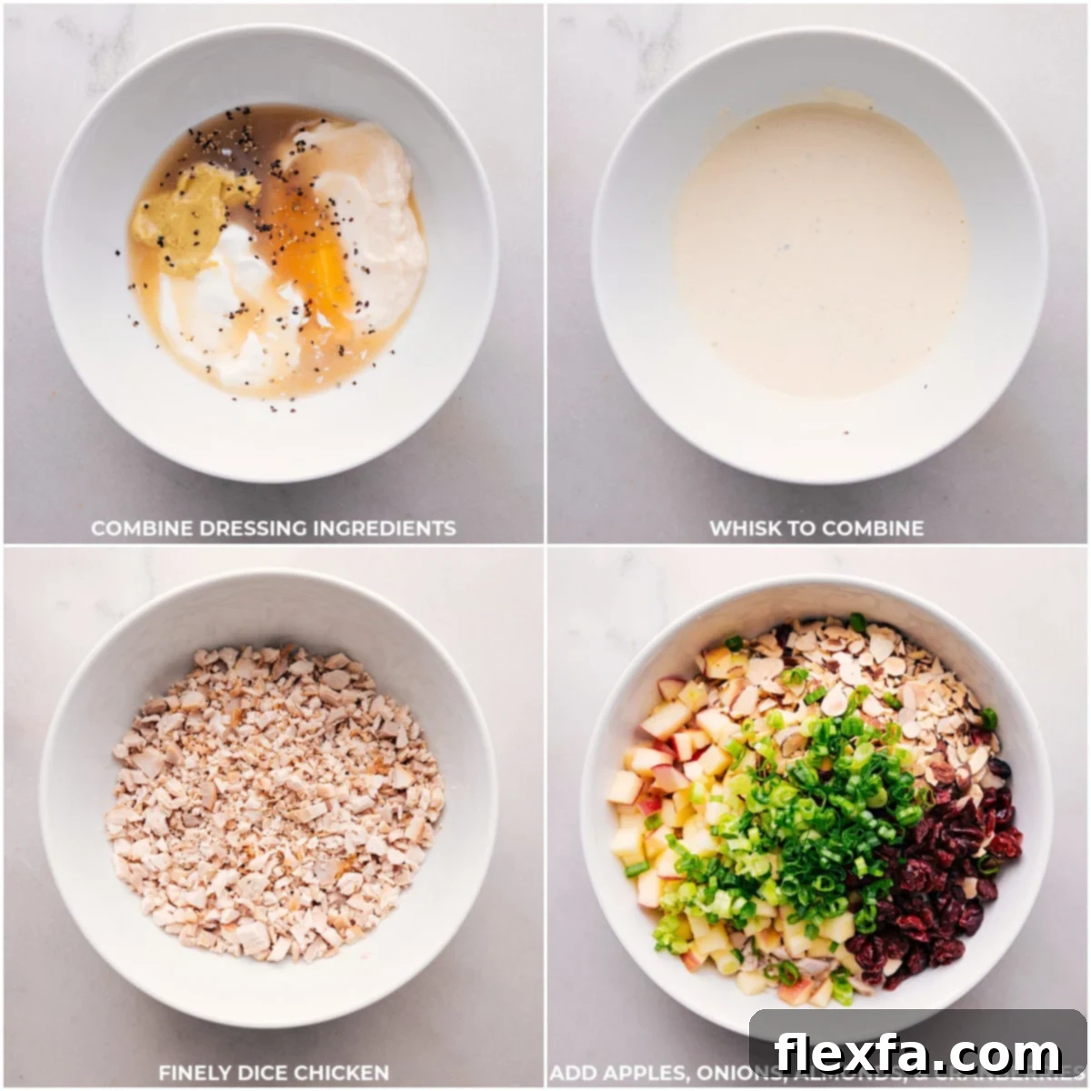 Two mixing bowls, one with creamy dressing ingredients being whisked together, and the other with diced chicken and apple ingredients being combined for chicken salad.