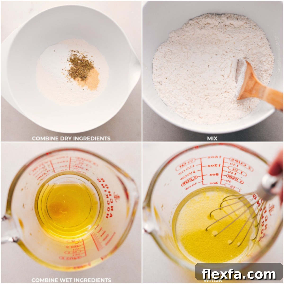 Dry ingredients in one bowl and wet ingredients in another, being mixed separately for the No-Yeast Pizza Dough.