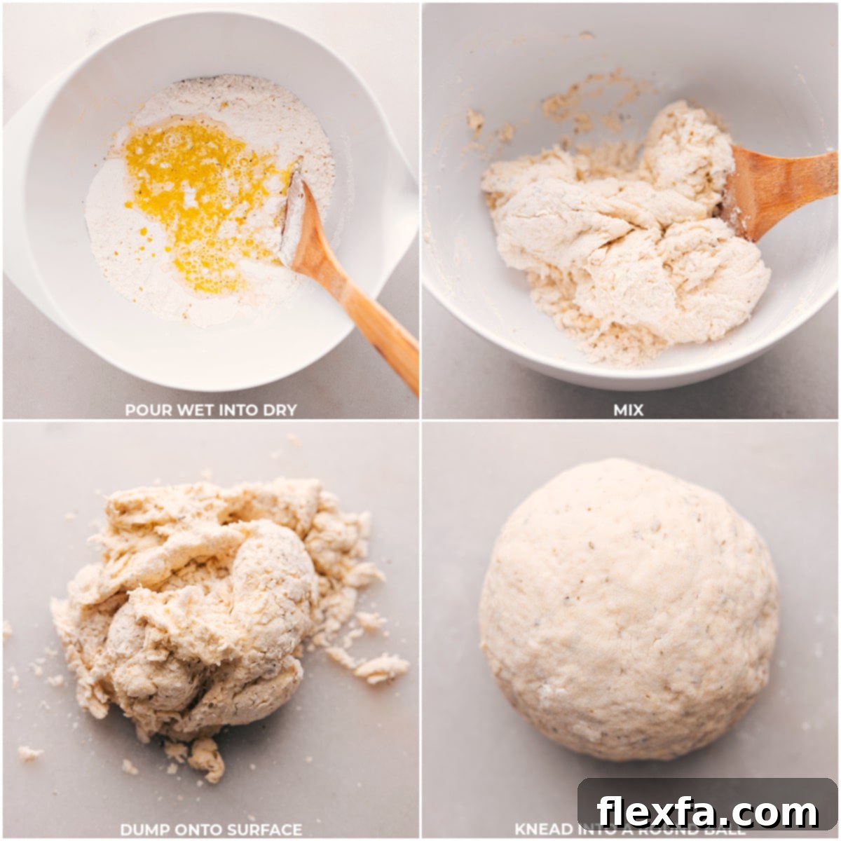 Wet and dry ingredients combined and then rolled into a ball for No-Yeast Pizza Dough, showcasing the dough's smooth texture.