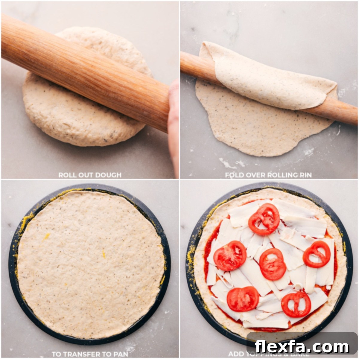 Dough being rolled out with pizza toppings being spread across its surface, including sauce, cheese, and sliced tomatoes.