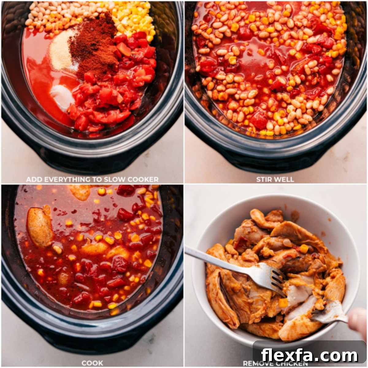 All the ingredients for the Buffalo Chicken Chili being added to the crockpot and it all being cooked to perfection, creating a comforting dinner.