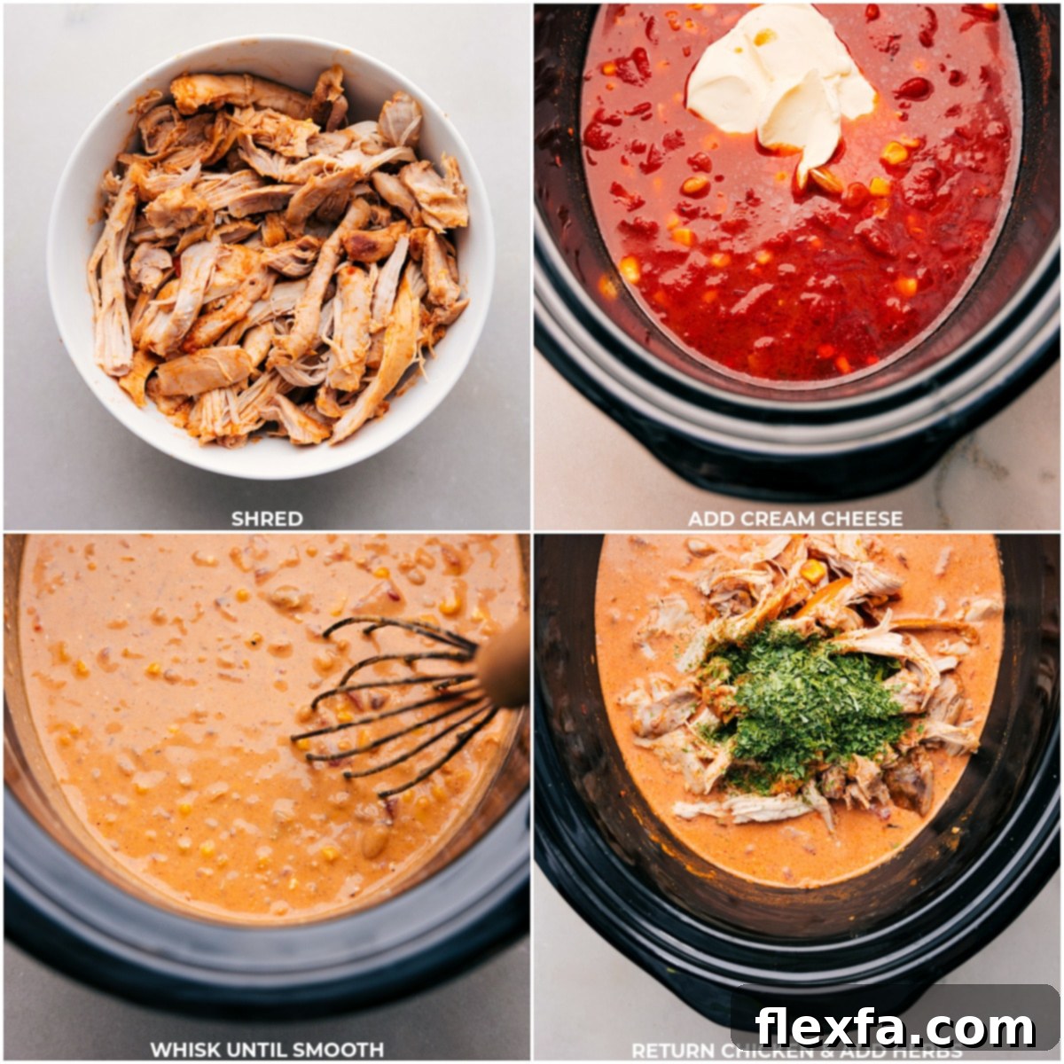 Chicken being shredded, cream cheese being added to the chili, and it all being mixed together to create the perfect comfort food experience.