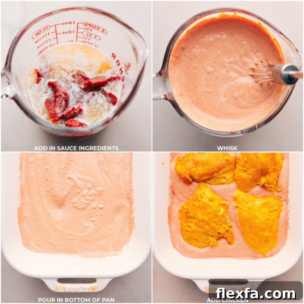 Adding a variety of sauce ingredients and expertly whisking them to create a flavorful coating for the one-pan Tikka Masala recipe.