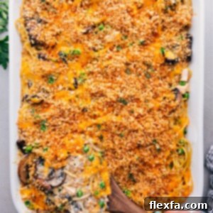 A finished dish of delicious turkey tetrazzini, showcasing the crisp top and the mouthwatering interior.