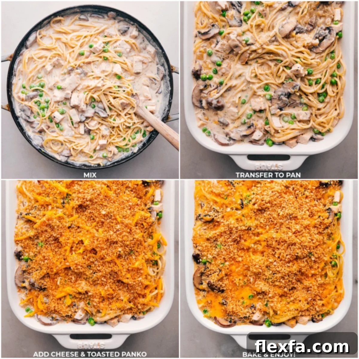 Transferring the fully mixed ingredients to a pan and adding cheese and toasted panko on top before baking.