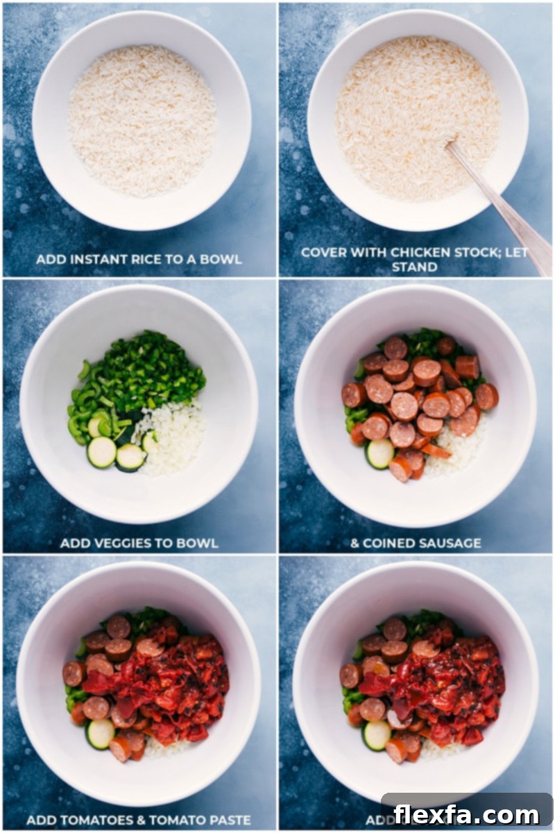 Process shots: combining instant rice with chicken stock, preparing fresh vegetables and pre-cooked sausage, and mixing all ingredients with fire-roasted tomatoes and tomato paste in a large bowl before sealing