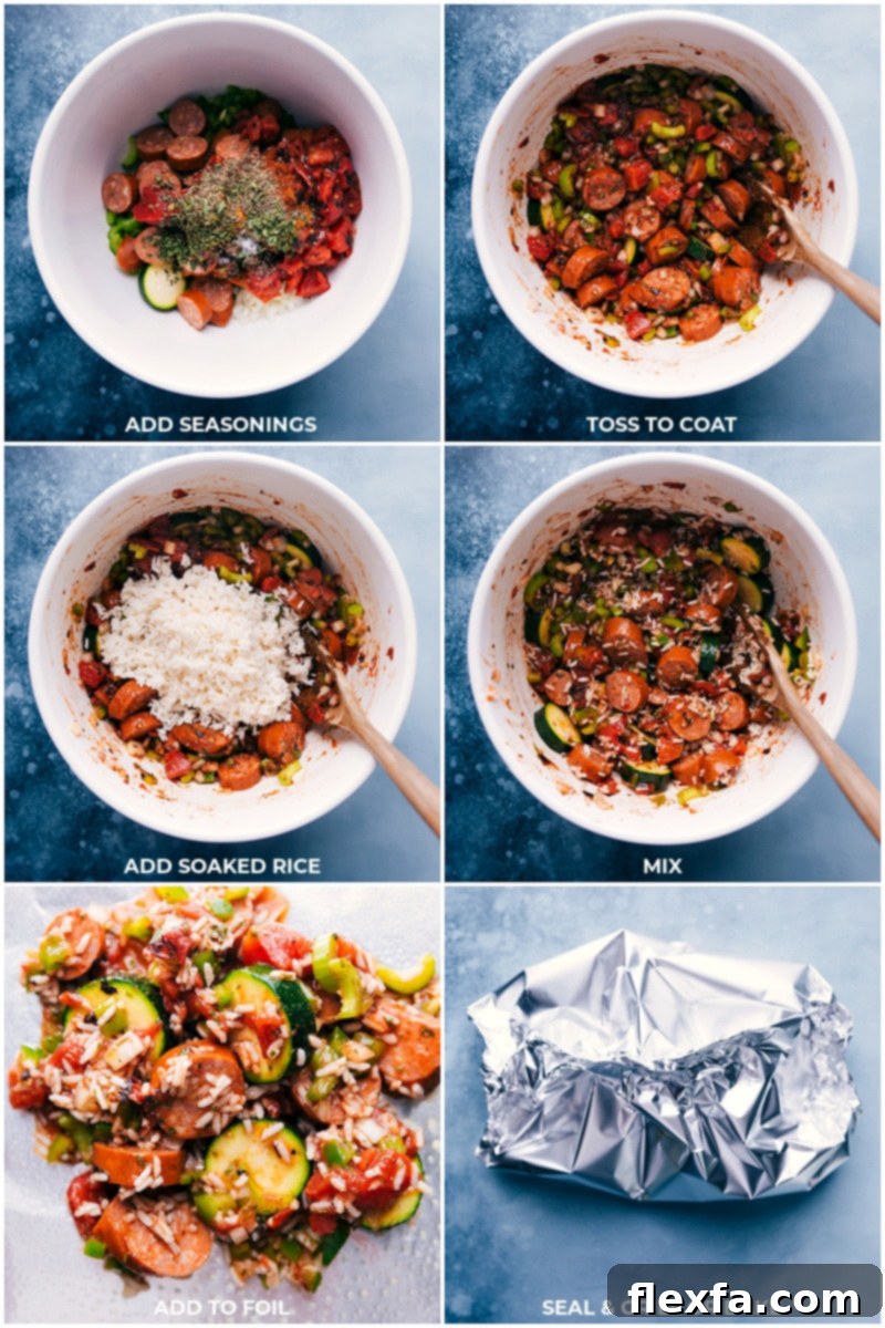 Detailed process shots: combining all ingredients for Tin Foil Jambalaya in a large bowl, then carefully sealing the mixture into individual heavy-duty aluminum foil packets for cooking