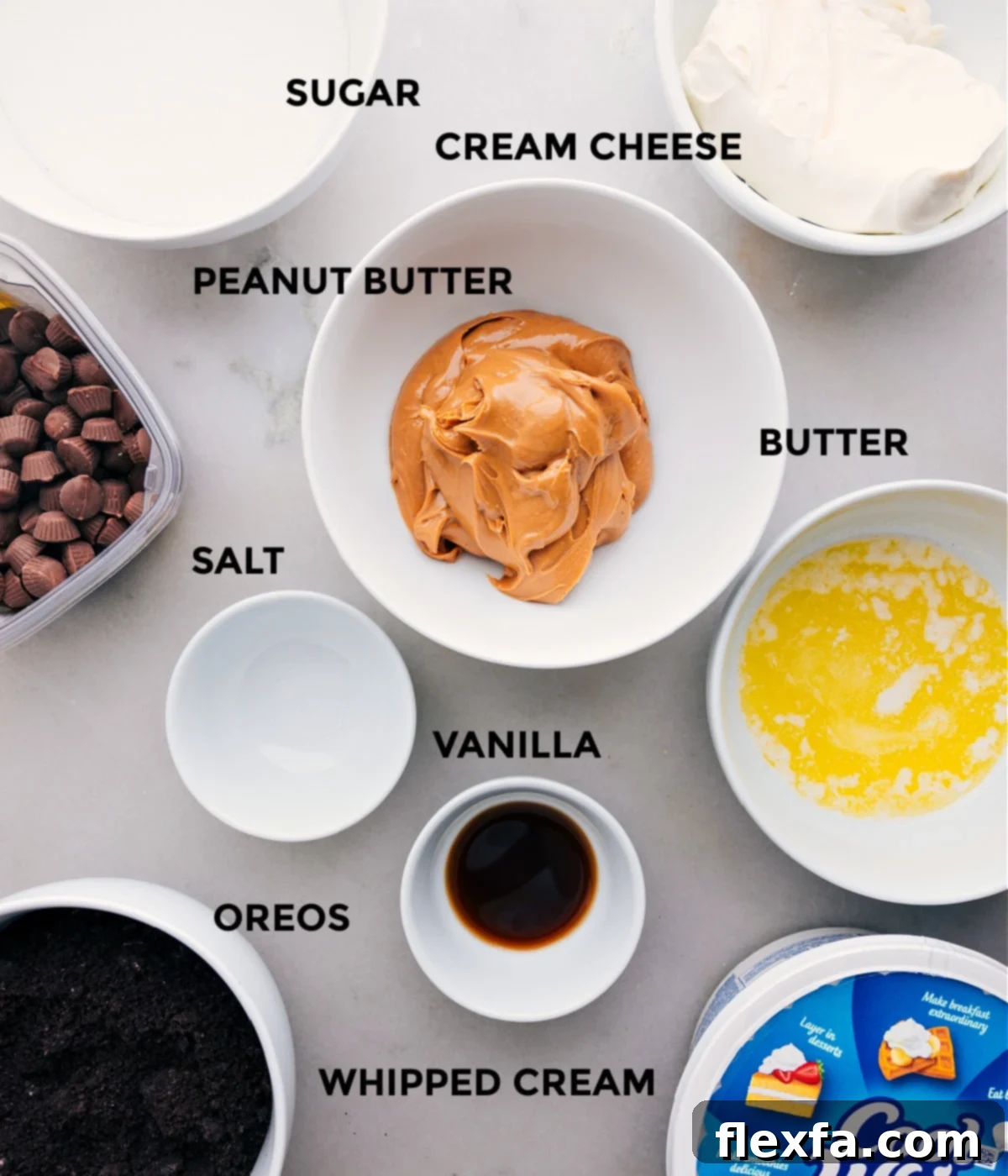 All the ingredients used in this dessert spread out neatly, ready for preparation.