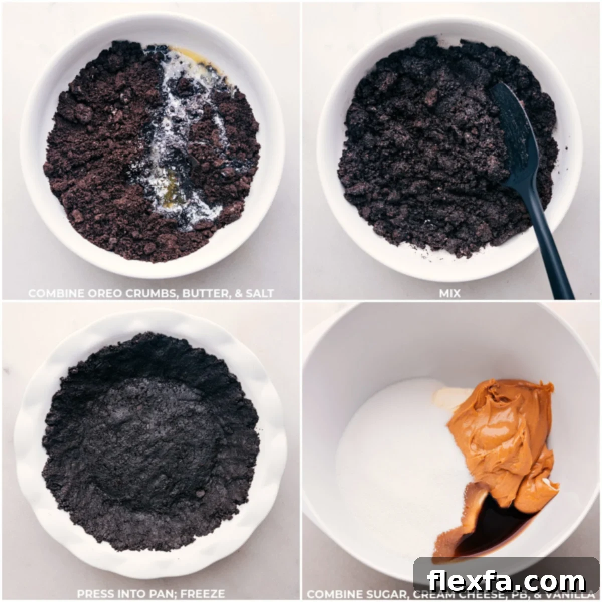 The crust ingredients being prepped and spread into a pie pan and frozen, then the filling being added to a bowl for peanut butter pie.
