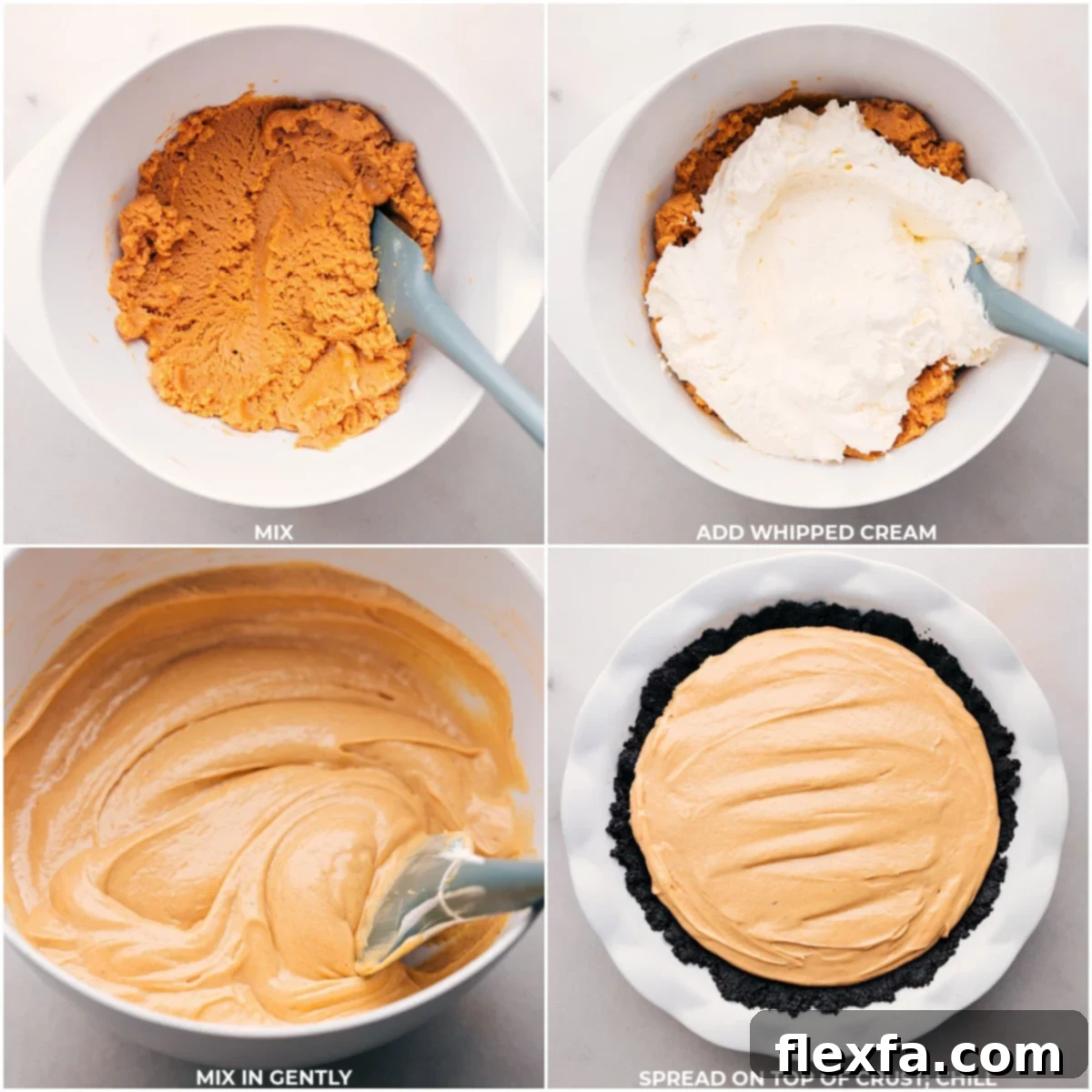 All the filling ingredients being mixed together and spread into the pie pan ready to be chilled, showcasing a smooth, uniform texture.