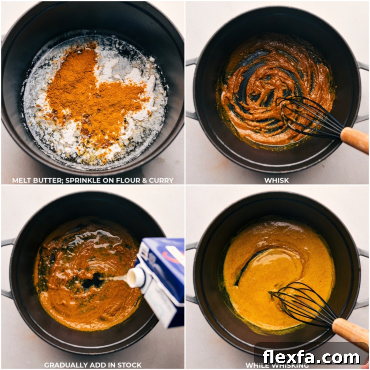 Unsalted butter, all-purpose flour, and yellow curry powder being whisked into chicken stock in a large pot, forming the base of the Pumpkin Curry Soup.