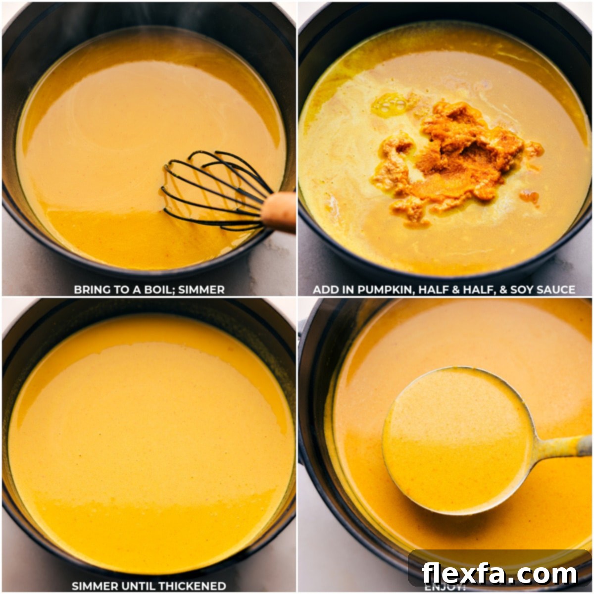 Pumpkin Curry Soup simmering in a pot, followed by images of pumpkin puree, half-and-half, and soy sauce being whisked in to complete the dish.
